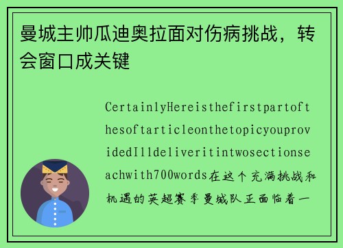 曼城主帅瓜迪奥拉面对伤病挑战，转会窗口成关键